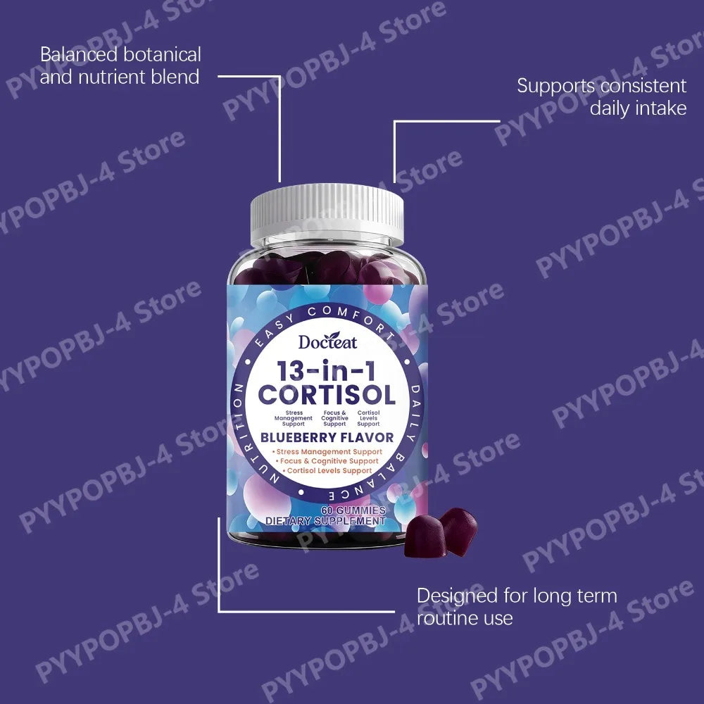 Cortisol Gummies 13-in-1 with Vitamin B6 & B12 – Stress Relief, Focus & Cortisol Detox Support – Vegan, Sugar-Free