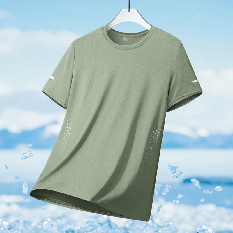 Men’s Ice Silk Running T-Shirt – Quick-Dry, Breathable Mesh, Moisture-Wicking Sports Tee with Reflective Print – Plus Size M–5XL