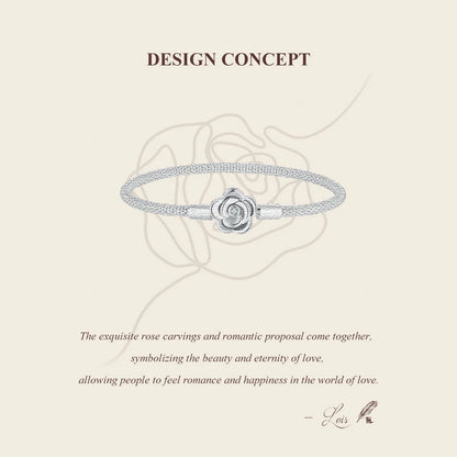 WOSTU 925 Sterling Silver Vintage Rose Flower Love Heart Bangle Bracelet Fit DIY Bracelets Women Valentine Mother's Day Gift