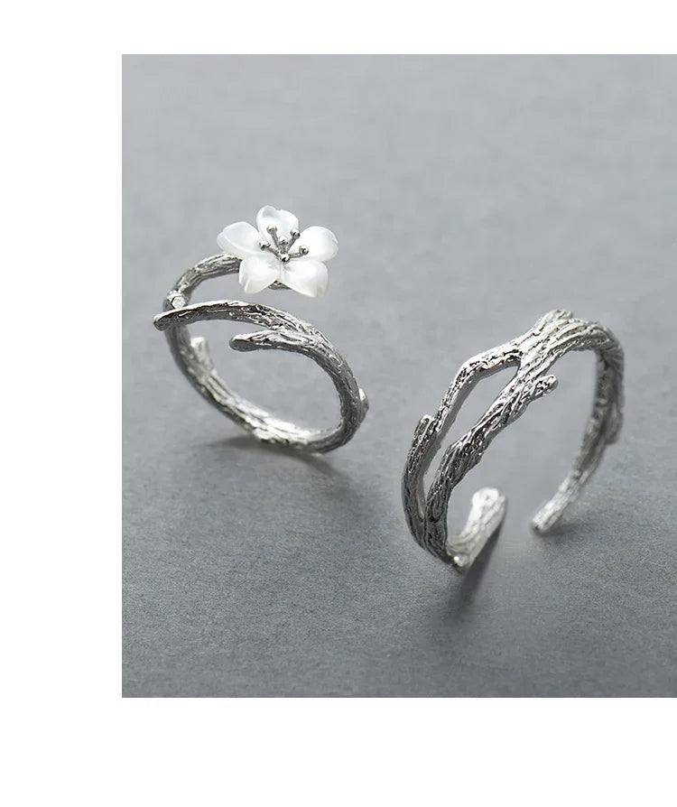 Thaya White Cherry Blossom Silver Rings s925 Silver Natural Pearl Shell Flower Rings for Women Elegant Ladies Jewelry For Couple