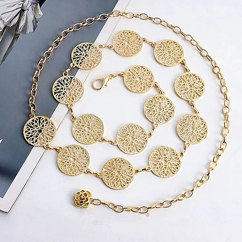 Elegant Round Metal Belt For Women Retro Gold Silver Carved Hollow Out Waistband Fashion Dress Decoration