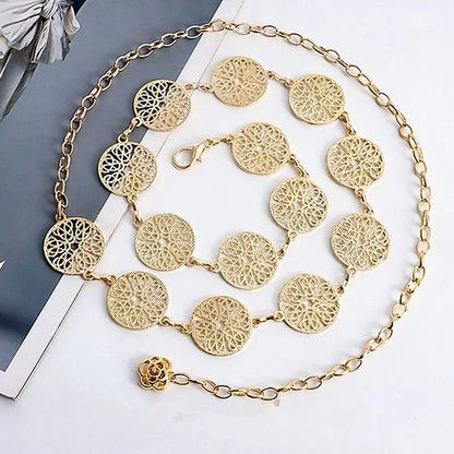 Elegant Round Metal Belt For Women Retro Gold Silver Carved Hollow Out Waistband Fashion Dress Decoration