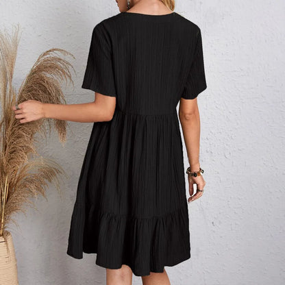 Summer Womens Short Sleeve Mini Dress Ladies Pleated Ruffle Solid Dresses Casual V Neck Vintage Loose Vestidos
