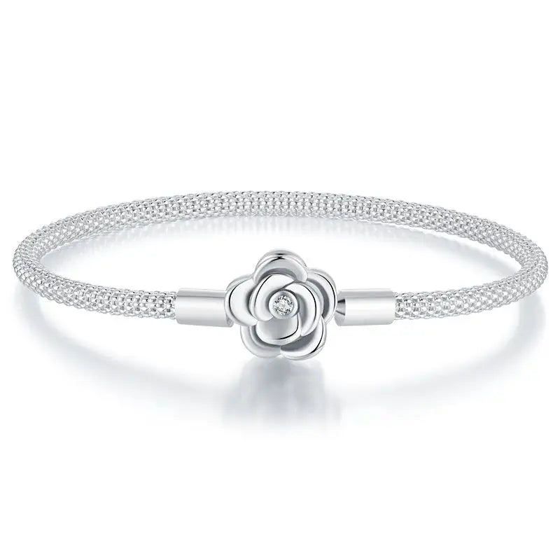 WOSTU 925 Sterling Silver Vintage Rose Flower Love Heart Bangle Bracelet Fit DIY Bracelets Women Valentine Mother's Day Gift