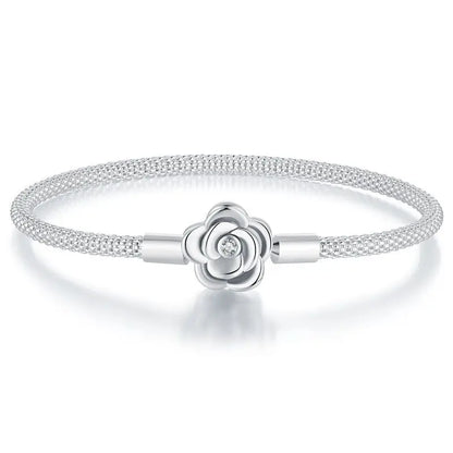 WOSTU 925 Sterling Silver Vintage Rose Flower Love Heart Bangle Bracelet Fit DIY Bracelets Women Valentine Mother's Day Gift