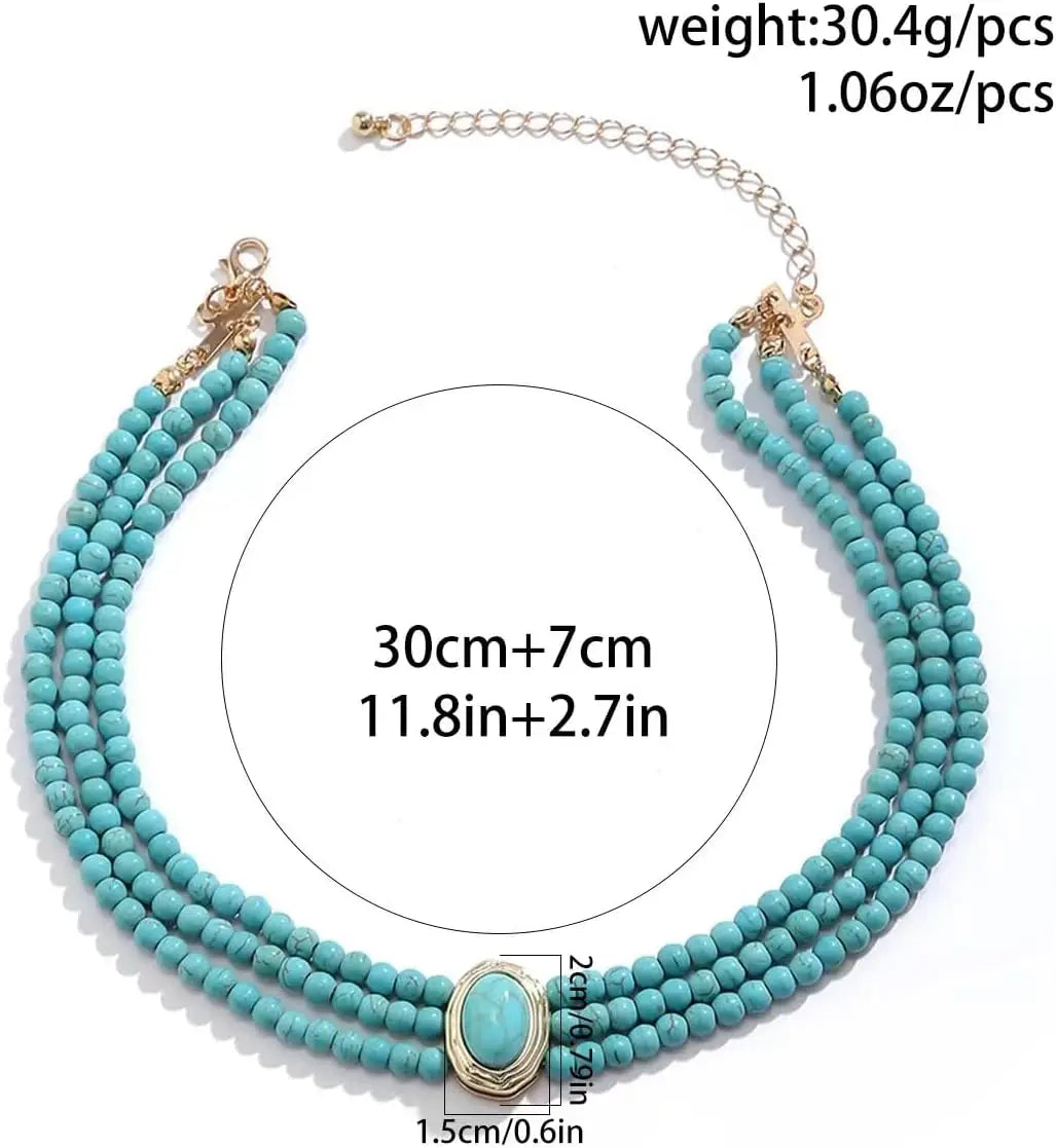 Turquoise Choker Necklace Women 3 Layers Multi Strands Necklace 20s Turquoise Bib Pendant Choker Party Jewelry Mother's Day Gift