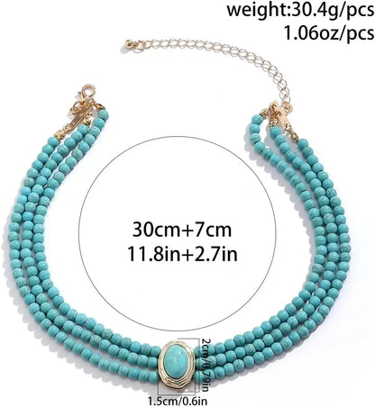 Turquoise Choker Necklace Women 3 Layers Multi Strands Necklace 20s Turquoise Bib Pendant Choker Party Jewelry Mother's Day Gift