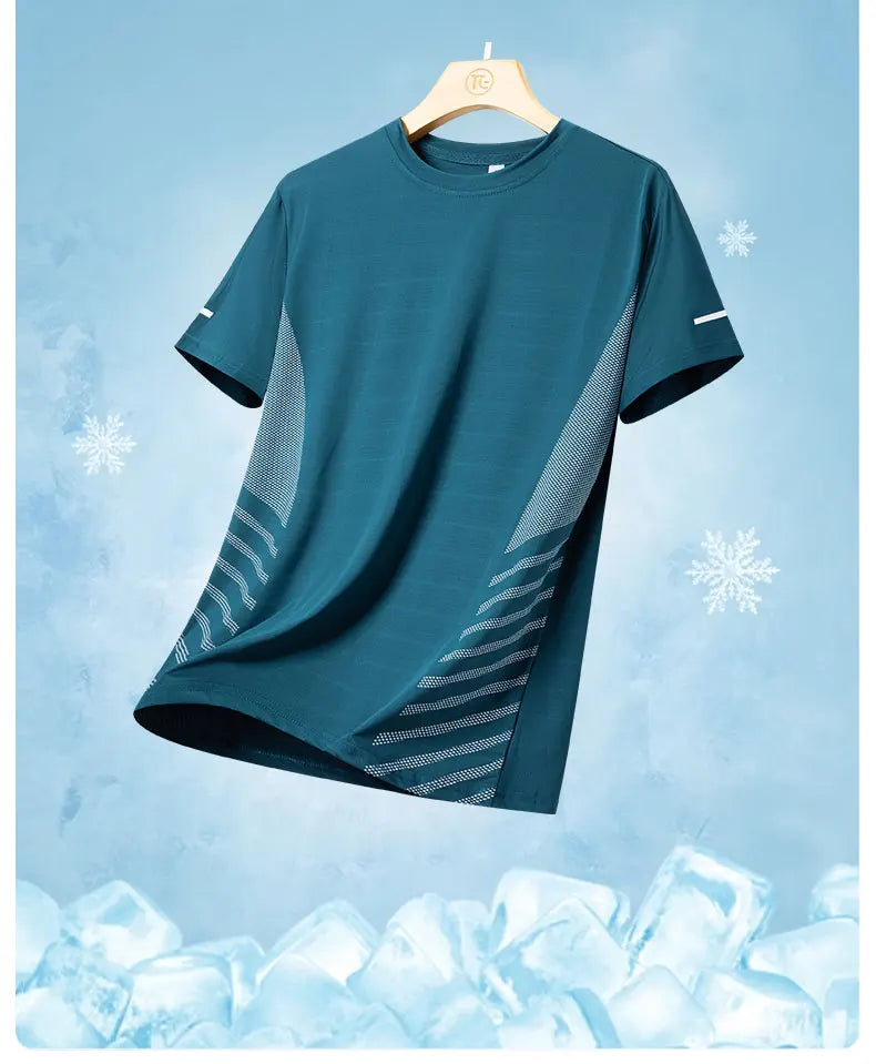 Men’s Ice Silk Running T-Shirt – Quick-Dry, Breathable Mesh, Moisture-Wicking Sports Tee with Reflective Print – Plus Size M–5XL