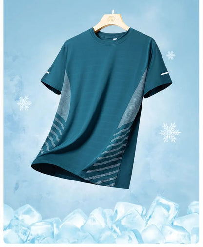 Men’s Ice Silk Running T-Shirt – Quick-Dry, Breathable Mesh, Moisture-Wicking Sports Tee with Reflective Print – Plus Size M–5XL