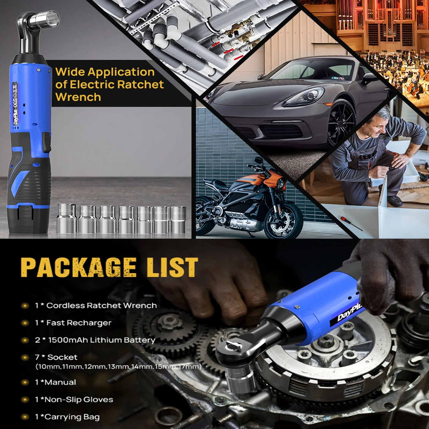 Collage of an electric ratchet wrench with application scenarios and package list details. |Origin Zero