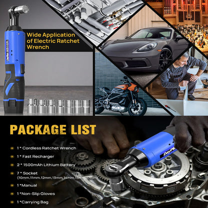 Collage of an electric ratchet wrench with application scenarios and package list details. |Origin Zero