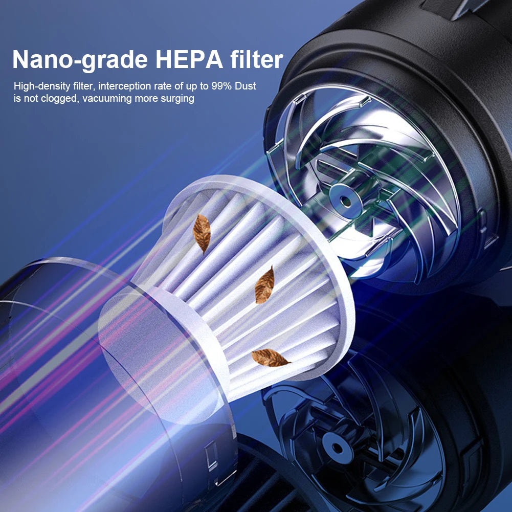 Nano-grade HEPA filter with a close-up of the filter material and a vacuum cleaner component on a blue background. | Origin Zero