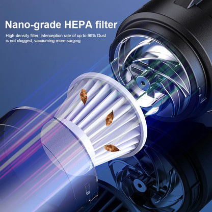 Nano-grade HEPA filter with a close-up of the filter material and a vacuum cleaner component on a blue background. | Origin Zero